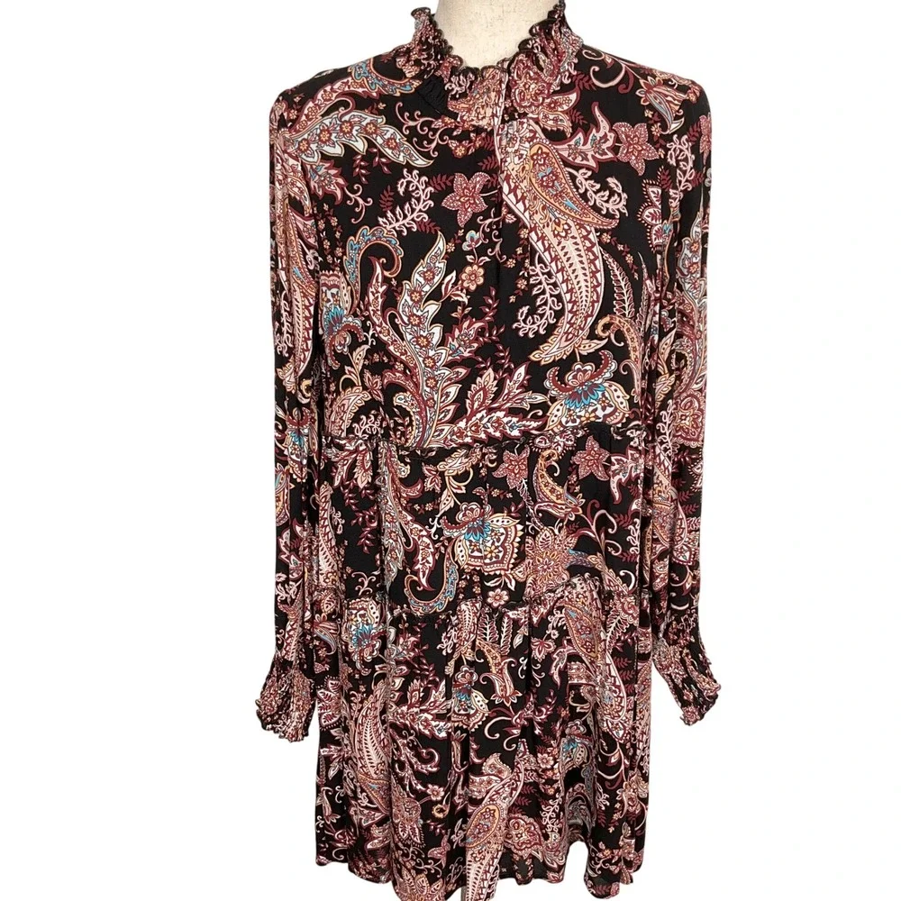 Anthropologie Dress Womens Small Black Red Paisley Mock Ruffle Peasant Prairie‎